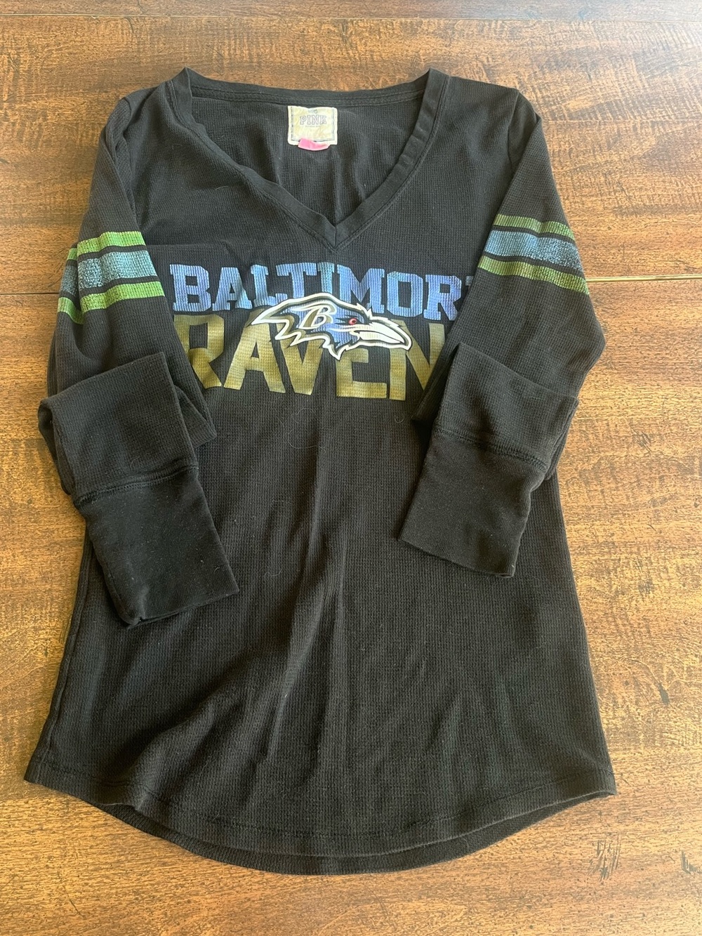 Y2K Victoria’s Secret PINK Baltimore Ravens Thermal Top Small Black Waffle Knit